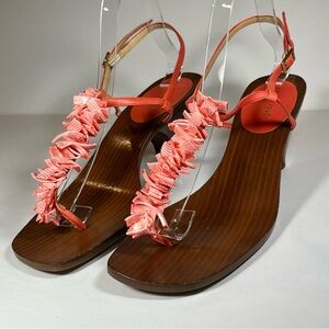 NWOT Kate Spade Coral Shell Sandal Kitten Heel Sz 10 Italy Wood Sole Ankle Strap